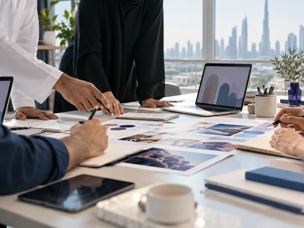 Illustrative professional team collaboration in a modern strategy workspace