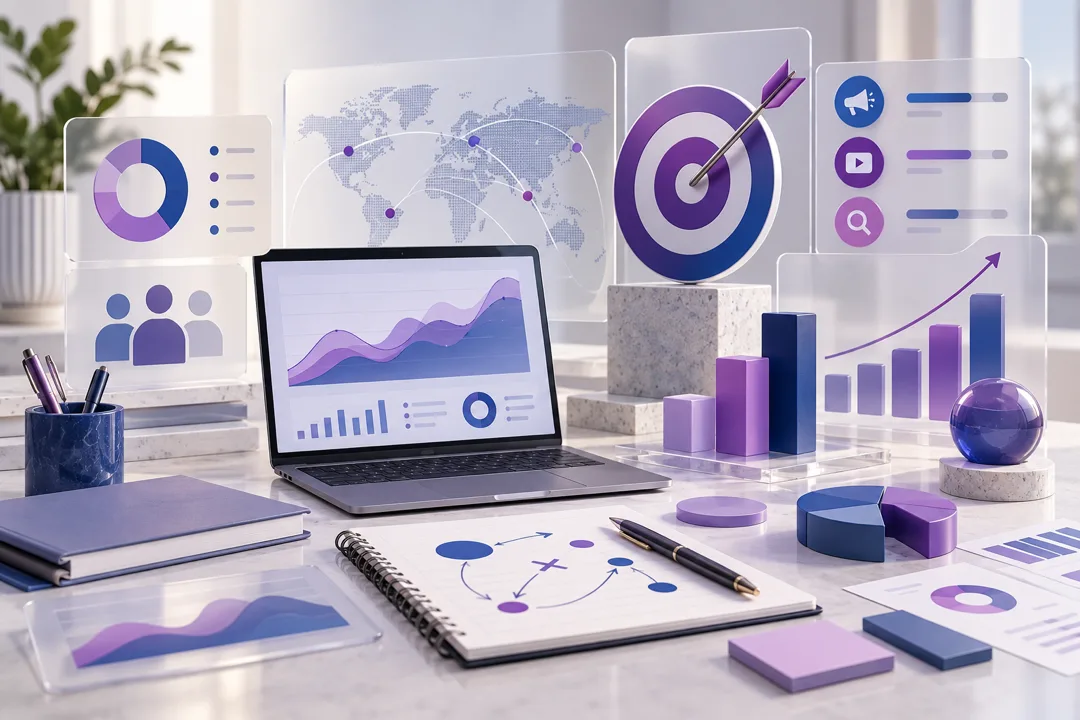 Marketing strategy workspace with campaign planning and analytics visuals